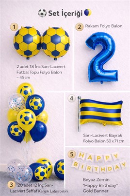 Sarı Lacivert Futbol Temalı 2 Yaş Doğum Günü Balon Seti