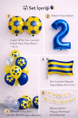Sarı Lacivert Futbol Temalı 2 Yaş Doğum Günü Balon Seti