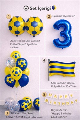 Sarı Lacivert Futbol Temalı 3 Yaş Doğum Günü Balon Seti