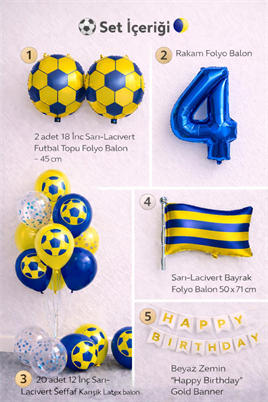 Sarı Lacivert Futbol Temalı 4 Yaş Doğum Günü Balon Seti
