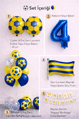 Sarı Lacivert Futbol Temalı 4 Yaş Doğum Günü Balon Seti