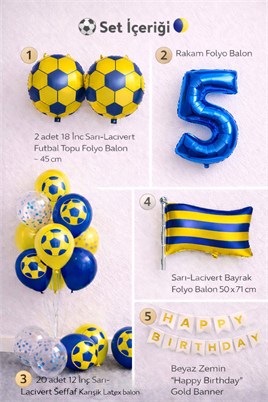 Sarı Lacivert Futbol Temalı 5 Yaş Doğum Günü Balon Seti