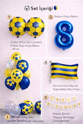 Sarı Lacivert Futbol Temalı 8 Yaş Doğum Günü Balon Seti