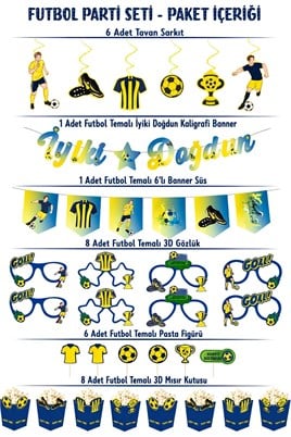 Sarı Lacivert Futbol Temalı Doğum Günü Parti Seti – İyi Ki Doğdun Banner, Gözlük, Pasta Süsü ve Mısır Kutusu