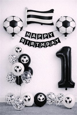 Siyah Beyaz Futbol Temalı 1 Yaş Doğum Günü Balon Seti
