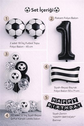 Siyah Beyaz Futbol Temalı 1 Yaş Doğum Günü Balon Seti