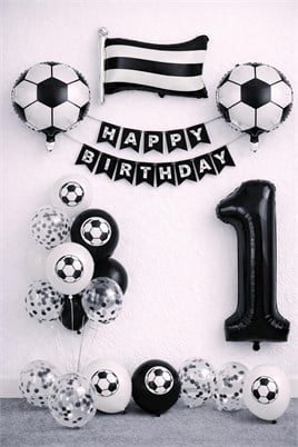 Siyah Beyaz Futbol Temalı 1 Yaş Doğum Günü Balon Seti