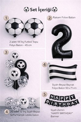 Siyah Beyaz Futbol Temalı 2 Yaş Doğum Günü Balon Seti
