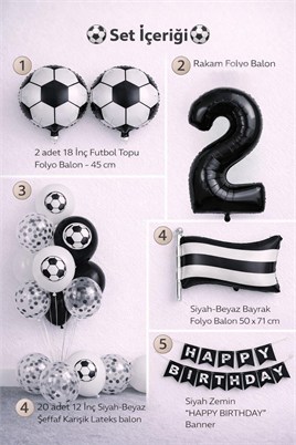 Siyah Beyaz Futbol Temalı 2 Yaş Doğum Günü Balon Seti