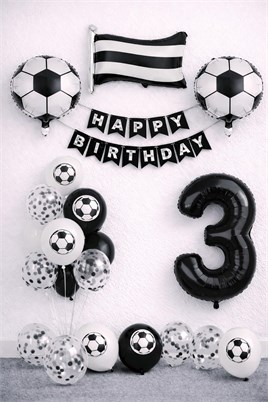 Siyah Beyaz Futbol Temalı 3 Yaş Doğum Günü Balon Seti