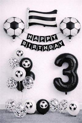 Siyah Beyaz Futbol Temalı 3 Yaş Doğum Günü Balon Seti