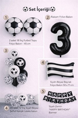 Siyah Beyaz Futbol Temalı 3 Yaş Doğum Günü Balon Seti