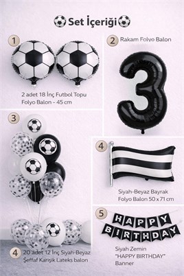 Siyah Beyaz Futbol Temalı 3 Yaş Doğum Günü Balon Seti