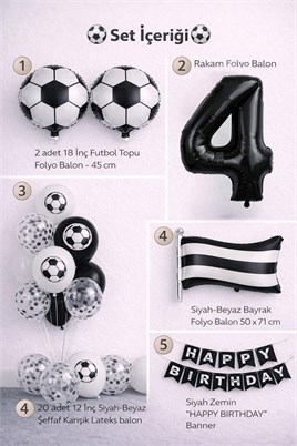 Siyah Beyaz Futbol Temalı 4 Yaş Doğum Günü Balon Seti