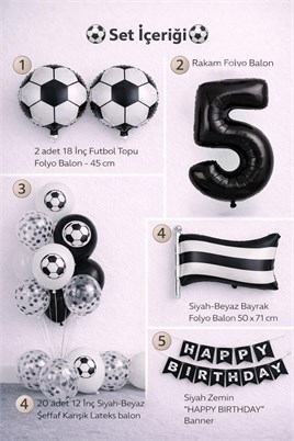 Siyah Beyaz Futbol Temalı 5 Yaş Doğum Günü Balon Seti