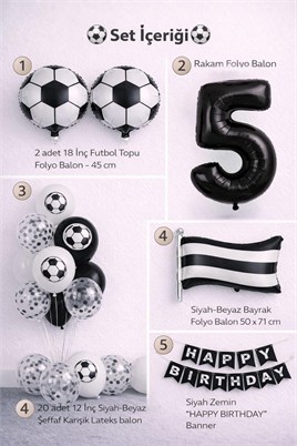 Siyah Beyaz Futbol Temalı 5 Yaş Doğum Günü Balon Seti