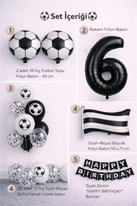 Siyah Beyaz Futbol Temalı 6 Yaş Doğum Günü Balon Seti