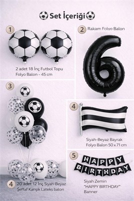 Siyah Beyaz Futbol Temalı 6 Yaş Doğum Günü Balon Seti