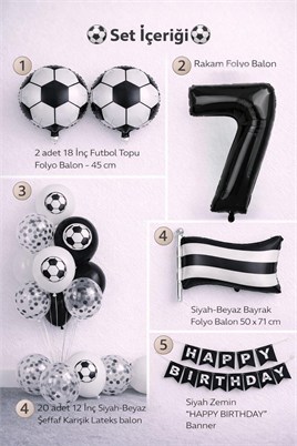 Siyah Beyaz Futbol Temalı 7 Yaş Doğum Günü Balon Seti