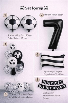 Siyah Beyaz Futbol Temalı 7 Yaş Doğum Günü Balon Seti