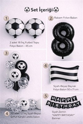 Siyah Beyaz Futbol Temalı 8 Yaş Doğum Günü Balon Seti