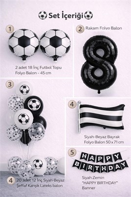 Siyah Beyaz Futbol Temalı 8 Yaş Doğum Günü Balon Seti