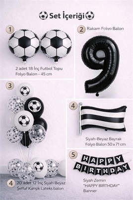 Siyah Beyaz Futbol Temalı 9 Yaş Doğum Günü Balon Seti