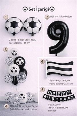 Siyah Beyaz Futbol Temalı 9 Yaş Doğum Günü Balon Seti