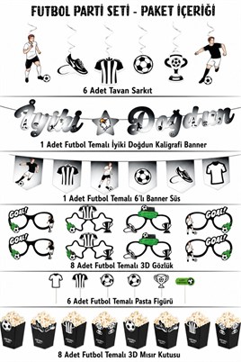 Siyah Beyaz Futbol Temalı Doğum Günü Parti Seti – İyi Ki Doğdun Banner, Gözlük, Pasta Süsü ve Mısır Kutusu