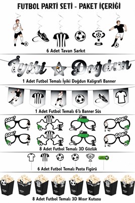 Siyah Beyaz Futbol Temalı Doğum Günü Parti Seti – İyi Ki Doğdun Banner, Gözlük, Pasta Süsü ve Mısır Kutusu