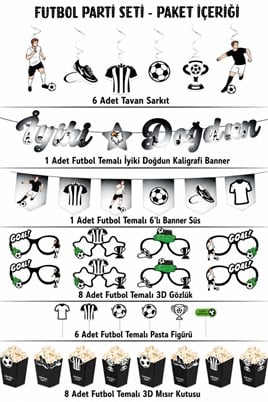 Siyah Beyaz Futbol Temalı Doğum Günü Parti Seti – İyi Ki Doğdun Banner, Gözlük, Pasta Süsü ve Mısır Kutusu