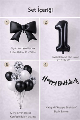 Siyah Fiyonk 1 Yaş Doğum Günü Balon Seti
