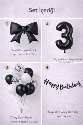 Siyah Fiyonk 3 Yaş Doğum Günü Balon Seti
