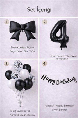 Siyah Fiyonk 4 Yaş Doğum Günü Balon Seti