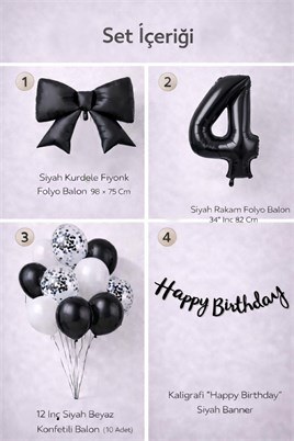 Siyah Fiyonk 4 Yaş Doğum Günü Balon Seti