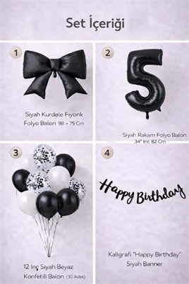 Siyah Fiyonk 5 Yaş Doğum Günü Balon Seti