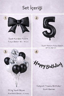 Siyah Fiyonk 5 Yaş Doğum Günü Balon Seti