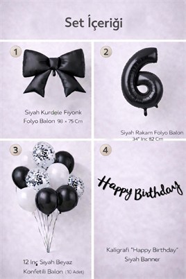 Siyah Fiyonk 6 Yaş Doğum Günü Balon Seti
