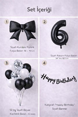 Siyah Fiyonk 6 Yaş Doğum Günü Balon Seti