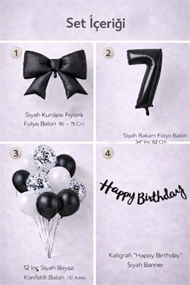 Siyah Fiyonk 7 Yaş Doğum Günü Balon Seti