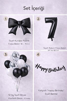 Siyah Fiyonk 7 Yaş Doğum Günü Balon Seti