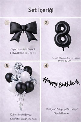 Siyah Fiyonk 8 Yaş Doğum Günü Balon Seti