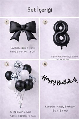 Siyah Fiyonk 8 Yaş Doğum Günü Balon Seti