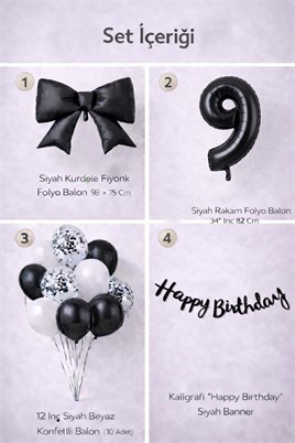 Siyah Fiyonk 9 Yaş Doğum Günü Balon Seti