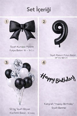 Siyah Fiyonk 9 Yaş Doğum Günü Balon Seti