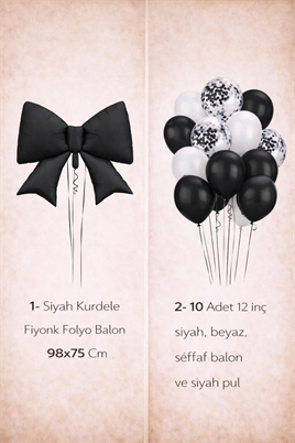 Siyah Fiyonk Folyo Balon Seti – Siyah & Beyaz Konfetili