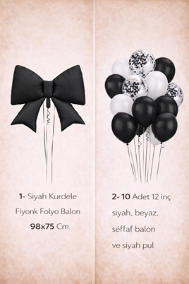 Siyah Fiyonk Folyo Balon Seti – Siyah & Beyaz Konfetili