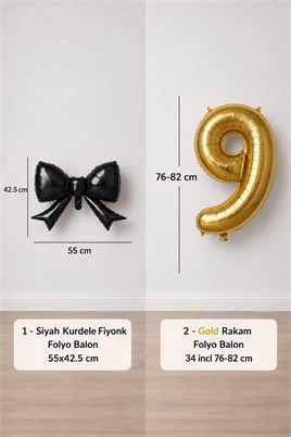 Siyah Fiyonk & Gold 9 Rakam Folyo Balon Seti