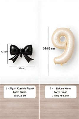 Siyah Fiyonk & Krem 9 Rakam Folyo Balon Seti
