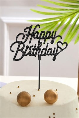 Siyah Happy Birthday Yazılı Pasta Süsü